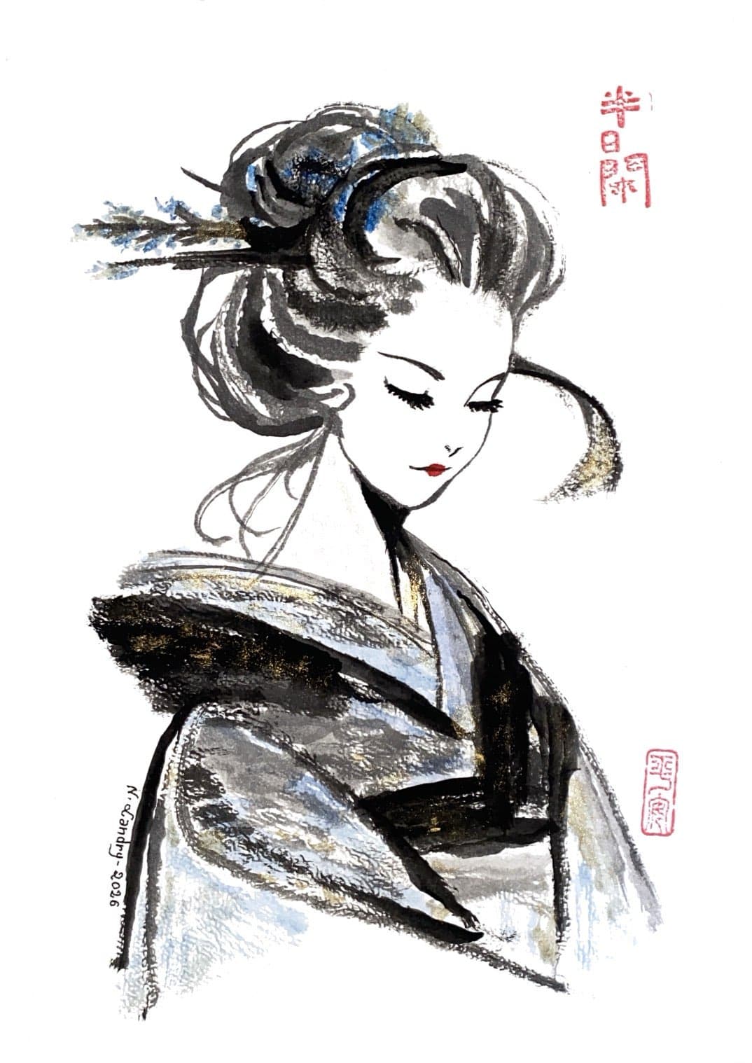Woman in a Silver-Toned Kimono