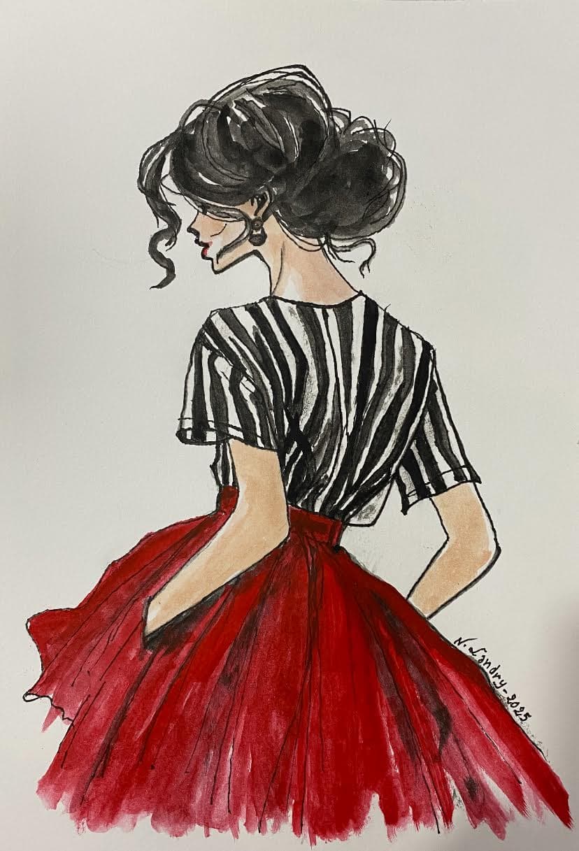 Woman in Striped Shirt and Red Skirt