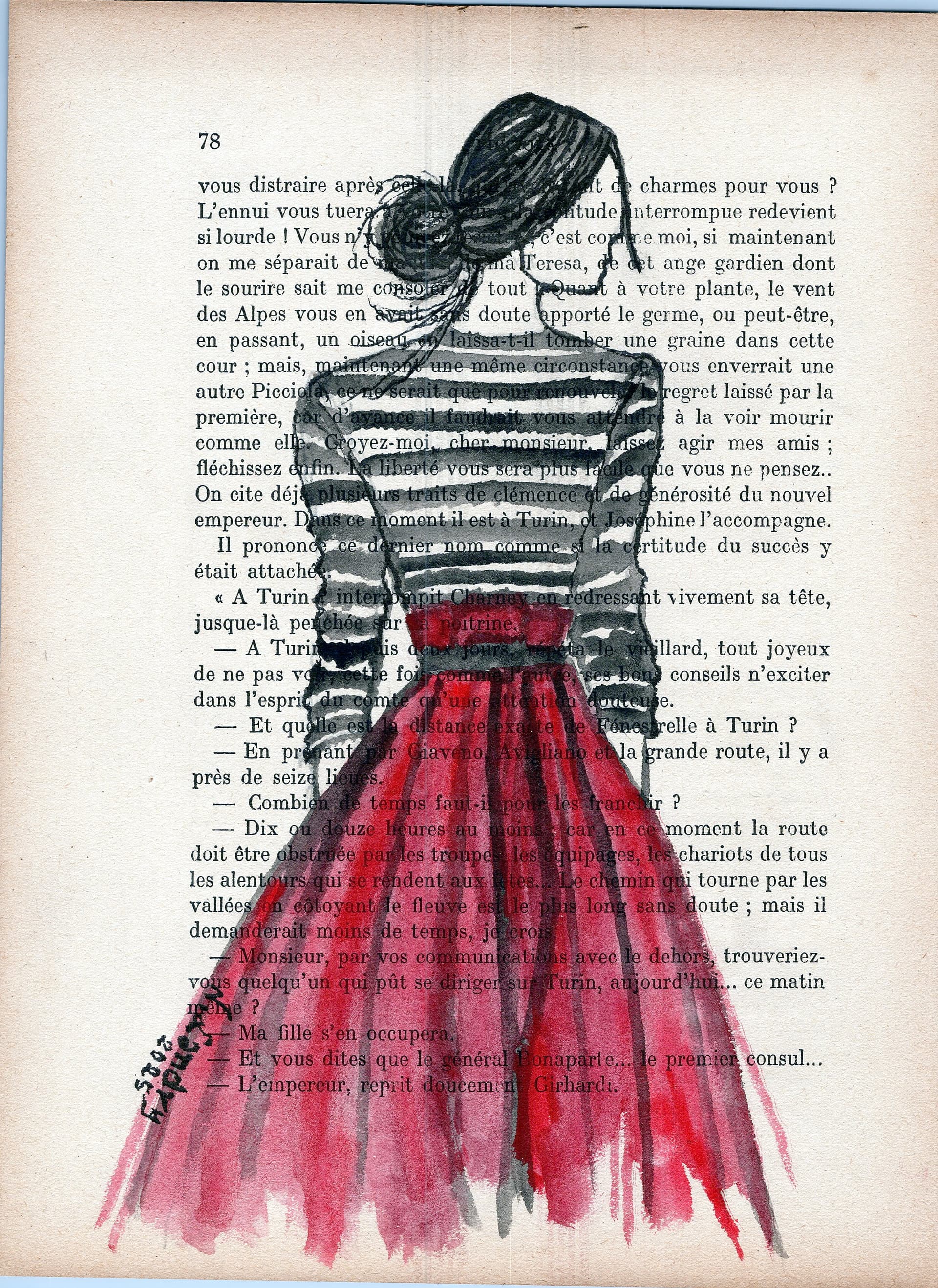 Woman in Striped Shirt and Red Skirt with Book