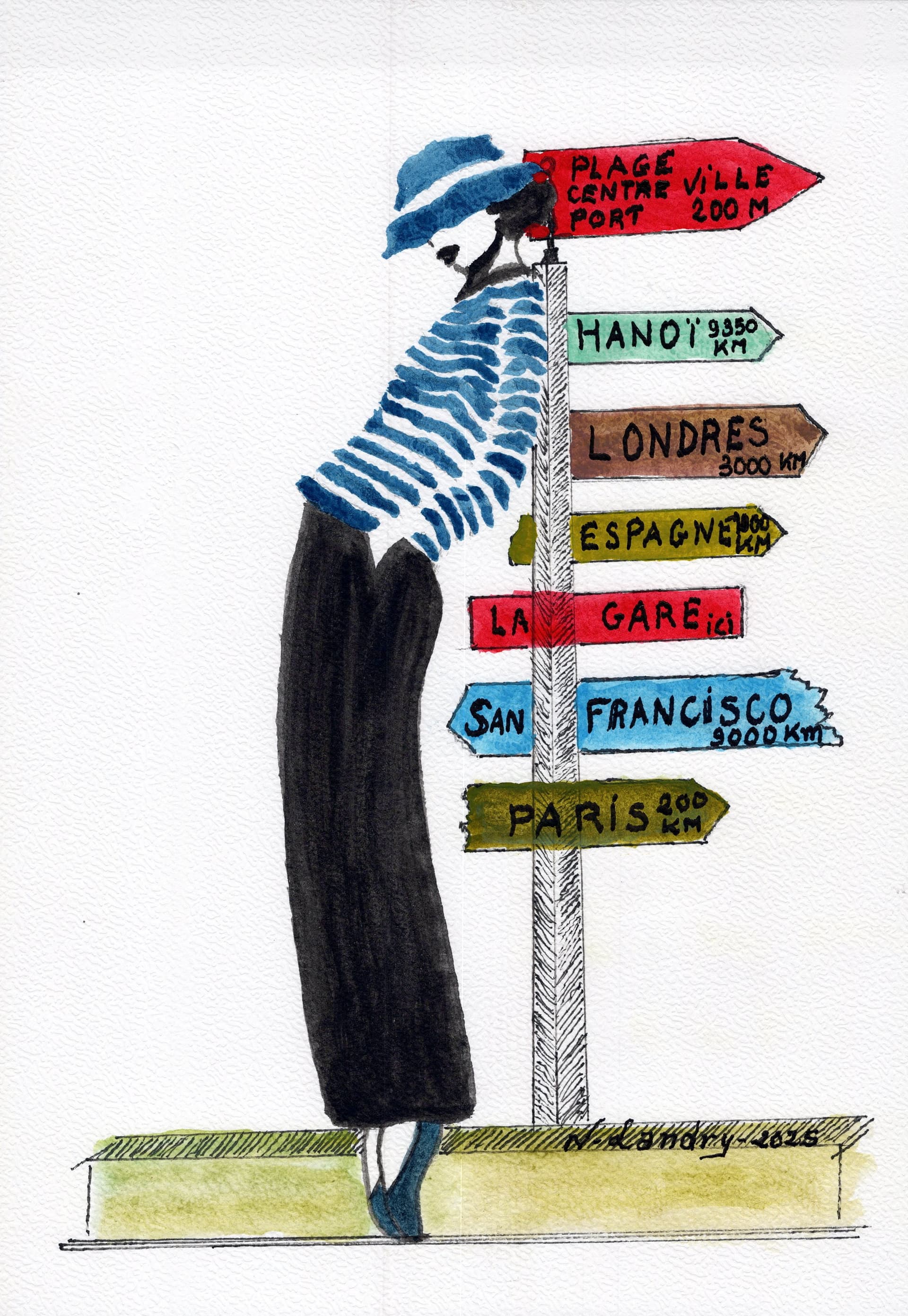 Woman in Striped Shirt with World Signs