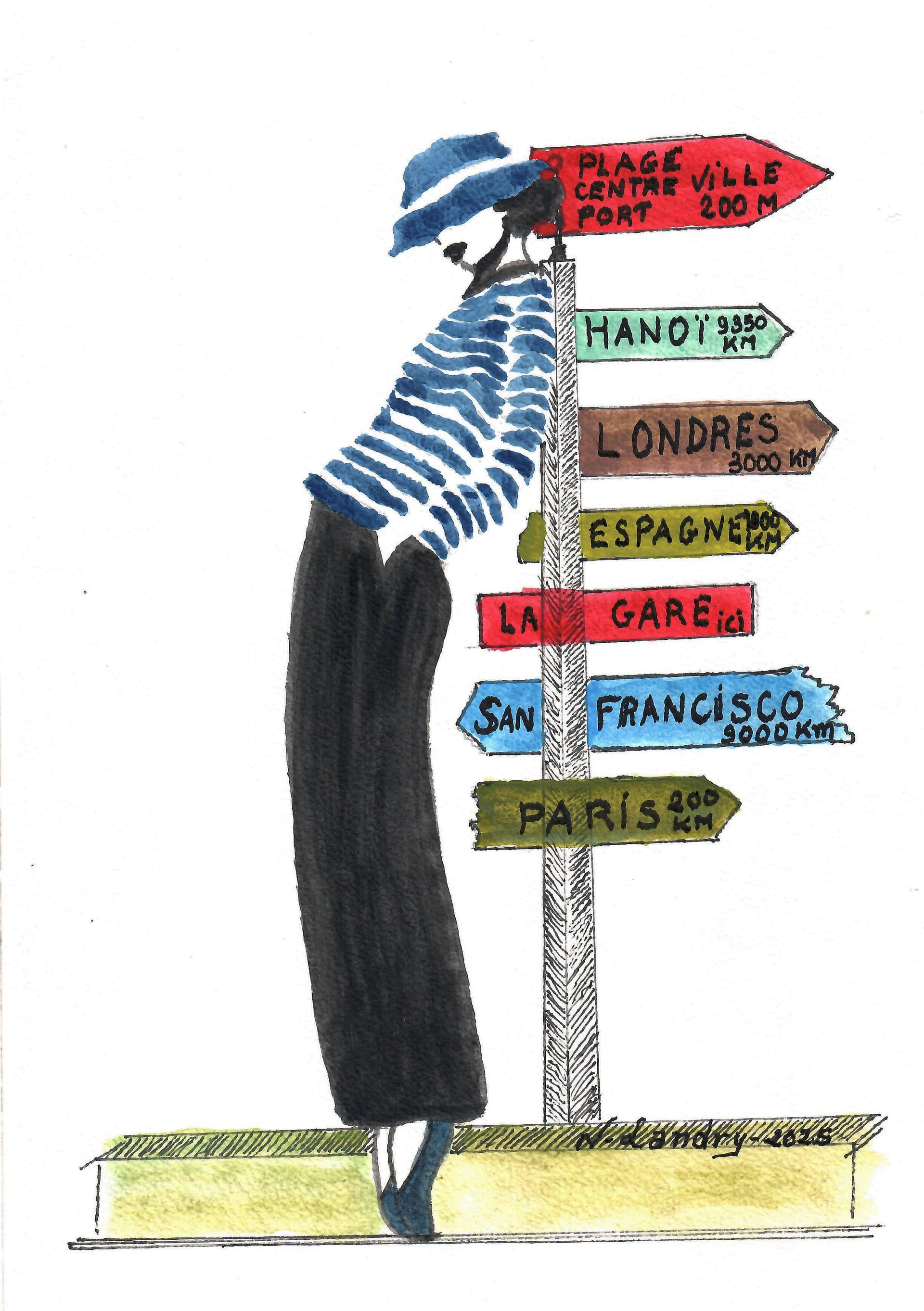 Woman in Striped Shirt with World Signs