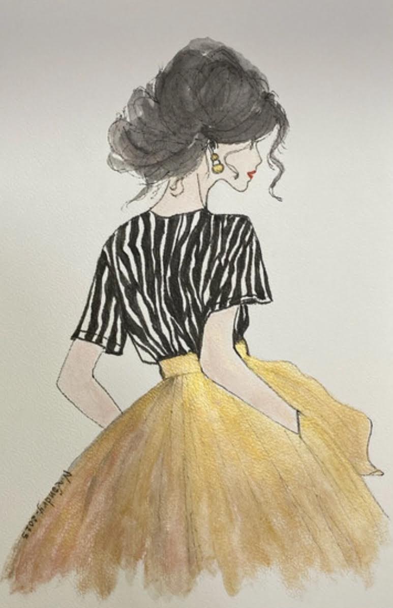 Woman in Striped Shirt and Yellow Skirt